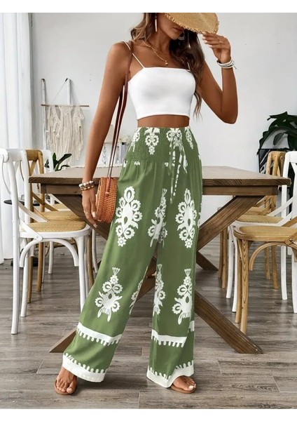 Kadın Yüksek Bel Büzgülü Etnik Desen Baskılı Süprem Pantolon fiyatları