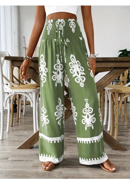 Kadın Yüksek Bel Büzgülü Etnik Desen Baskılı Süprem Pantolon modelleri