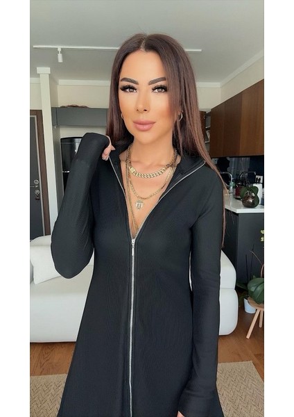 Kadın Uzun Kollu Hakim Yaka Ayarlanabilir Fermuar Dekolteli Mini Elbise fiyatları