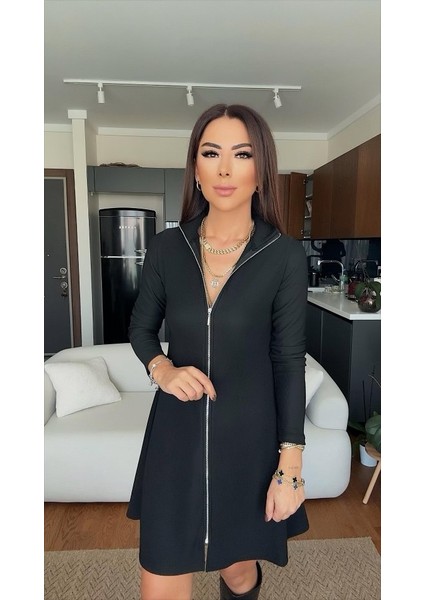 Kadın Uzun Kollu Hakim Yaka Ayarlanabilir Fermuar Dekolteli Mini Elbise modelleri