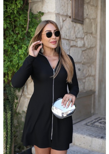 Kadın Uzun Kollu Hakim Yaka Ayarlanabilir Fermuar Dekolteli Mini Elbise indirimleri