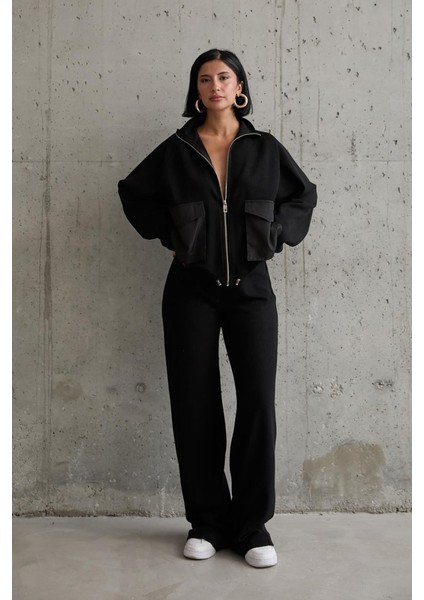 Siyah Cepli Triko Ceket ve Pantolon Takım