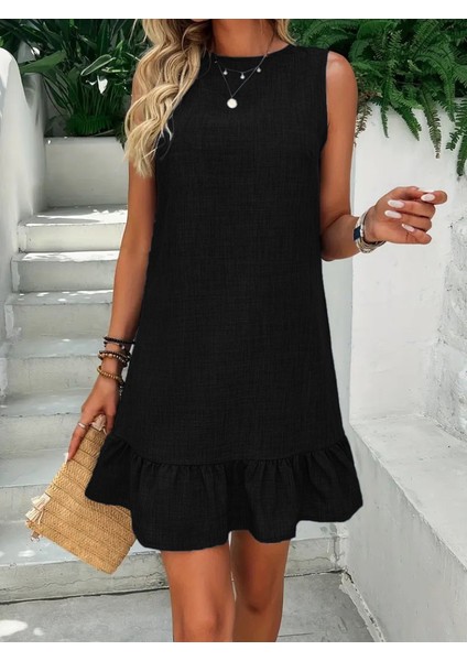 Kadın Kolsuz Bisiklet Yaka Fırfırlı Sofya Elbise