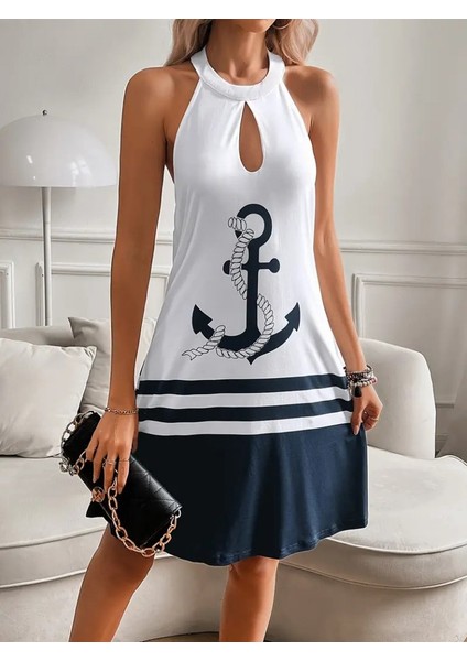 Kadın Askılı Çıpa Baskılı Sırtı Açık Kısa Süprem Elbise