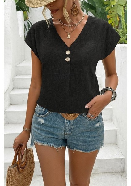 Kadın Kısa Kollu V Yakalı Düğmeli Keten Bluz fiyatları