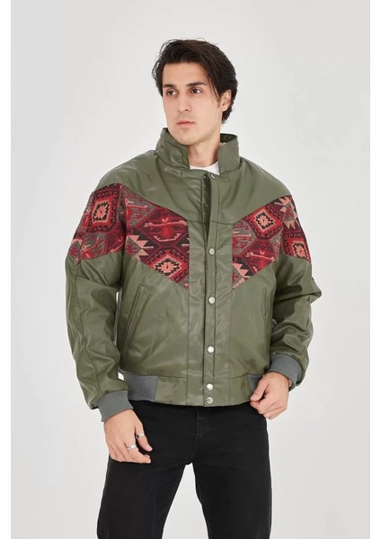 Erkek Içi Astarlı Içten Yaka Kısmı Peluşlu Suni Kumaş Vintage Ceket - Haki