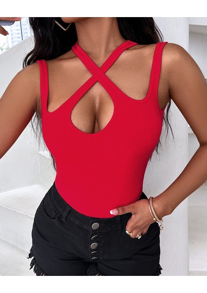 Kadın Kolsuz Boyundan Çapraz Geçirmeli Göğüs Damla Detay Kaşkorse Bluz indirimleri