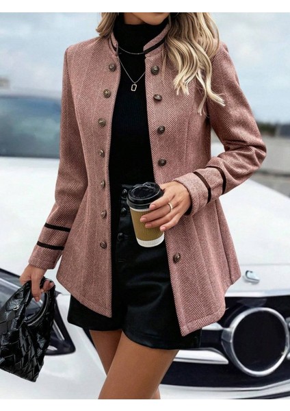 Kadın Uzun Kollu Hakim Yaka Düğme Detaylı Mini Dokuma Ceket