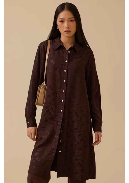 Kadın Desenli Uzun Jakar Tunik - Kahverengi