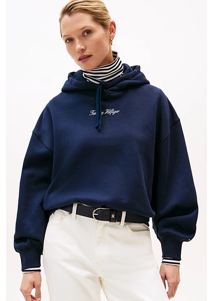 Kadın Rahat Kalıp Düşük Omuzlu Kapüşonlu Sweatshirt - Lacivert