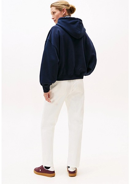 Kadın Rahat Kalıp Düşük Omuzlu Kapüşonlu Sweatshirt - Lacivert modelleri