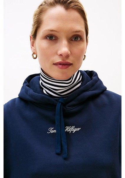 Kadın Rahat Kalıp Düşük Omuzlu Kapüşonlu Sweatshirt - Lacivert fırsatları