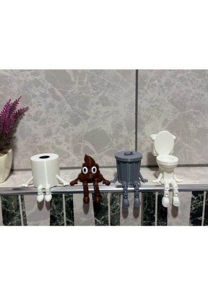 4'lü Eğlenceli Banyo Dekoratif Figür Seti /tuva Kağıdı, Kaka Emojisi, Çöp Kovası, Klozet Aksesua