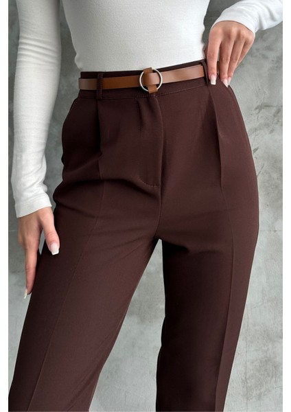 Kadın Dar Paça Pileli Kemerli Mevsimlik Kumaş Pantolon Kahve Kahve / 38 fiyatları
