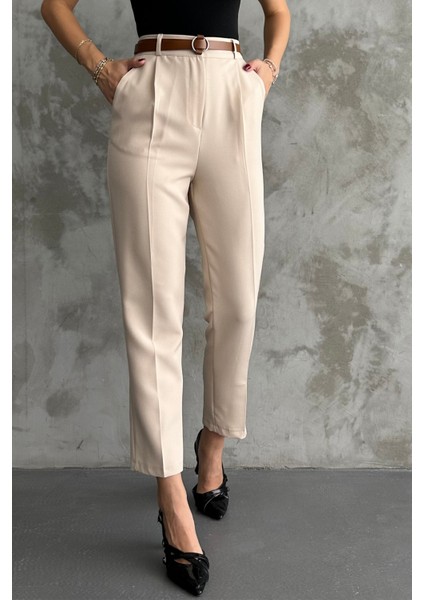 Kadın Dar Paça Pileli Kemerli Mevsimlik Kumaş Pantolon Krem Krem / 42 fiyatları