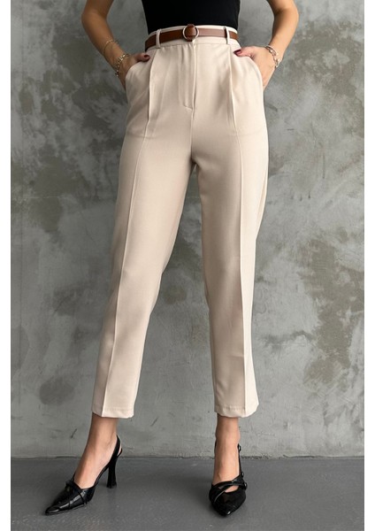 Kadın Dar Paça Pileli Kemerli Mevsimlik Kumaş Pantolon Krem Krem / 42 fırsatları