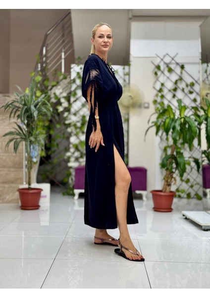 PT242500 Beli Lastikli Yaka Omuz Püsküllü Derin Yırtmaçlı Coton Elbise Siyah modelleri