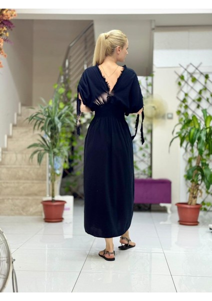 PT242500 Beli Lastikli Yaka Omuz Püsküllü Derin Yırtmaçlı Coton Elbise Siyah fırsatları