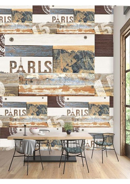 Paris Yazılı Ahşap Desenli Isı ve Ses Yalıtımlı Sağlıklı Tekstil Duvar Kağıdı