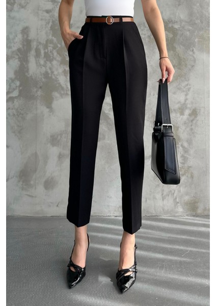 Kadın Dar Paça Pileli Kemerli Mevsimlik Kumaş Pantolon Siyah Siyah / 44