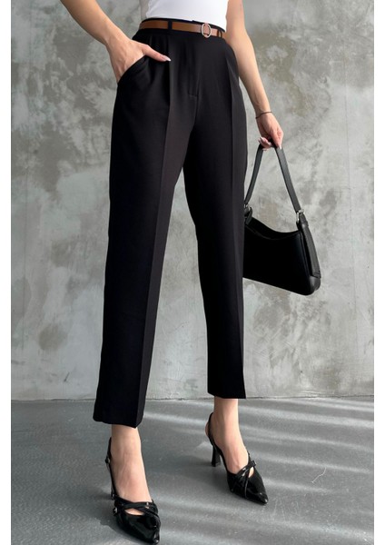 Kadın Dar Paça Pileli Kemerli Mevsimlik Kumaş Pantolon Siyah Siyah / 44 fiyatları