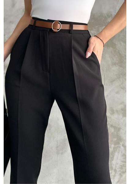 Kadın Dar Paça Pileli Kemerli Mevsimlik Kumaş Pantolon Siyah Siyah / 44 fırsatları