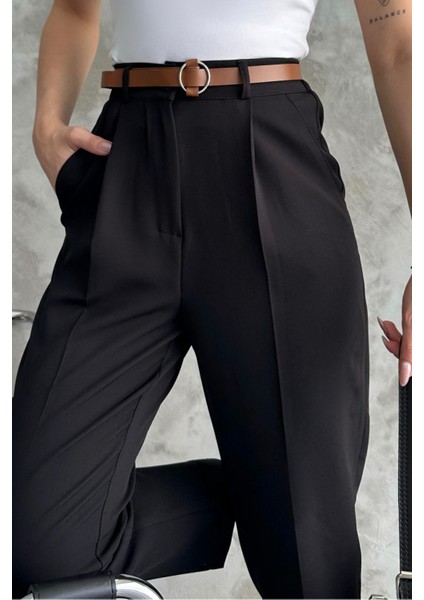 Kadın Dar Paça Pileli Kemerli Mevsimlik Kumaş Pantolon Siyah Siyah / 44