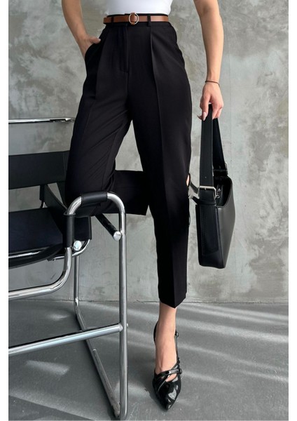 Kadın Dar Paça Pileli Kemerli Mevsimlik Kumaş Pantolon Siyah Siyah / 44
