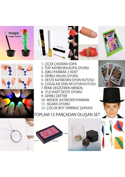 Çocuklar Için 15 Parça Sihirbazlık ve Illüzyon Seti – Başlangıç Gösteri Kutusu