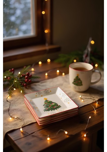 Yılbaşı 6'lı Ağaç Desenli Kare Servis Tabağı - 23 cm - Seramik - Handmade