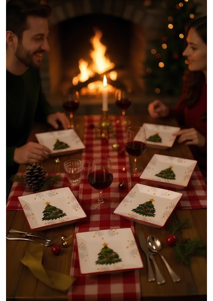 Yılbaşı 6'lı Ağaç Desenli Kare Servis Tabağı - 23 cm - Seramik - Handmade fiyatları