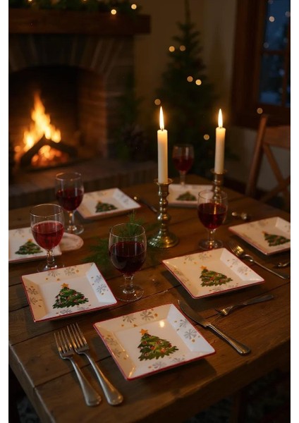 Yılbaşı 6'lı Ağaç Desenli Kare Servis Tabağı - 23 cm - Seramik - Handmade modelleri