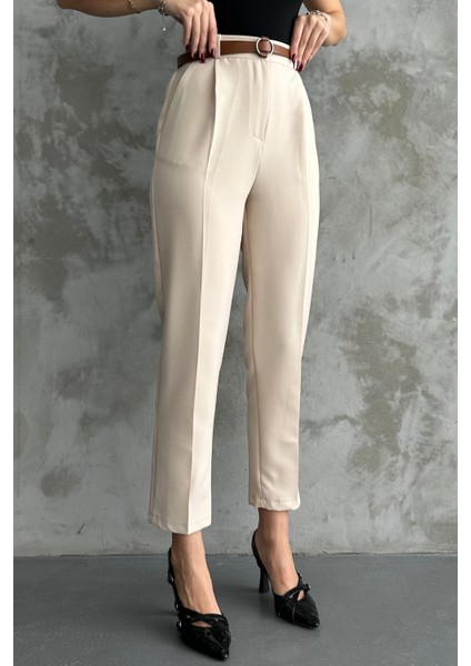 Kadın Dar Paça Pileli Kemerli Mevsimlik Kumaş Pantolon Krem Krem / 36