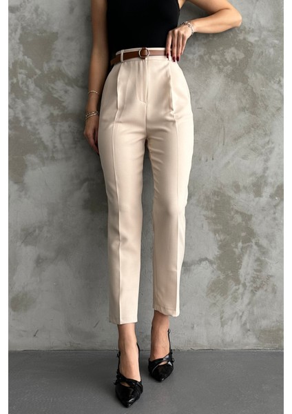Kadın Dar Paça Pileli Kemerli Mevsimlik Kumaş Pantolon Krem Krem / 36 indirimleri