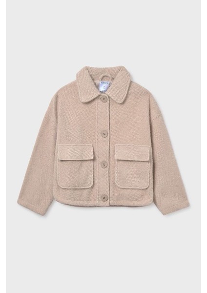 Kız Çocuk Rahat Kalıp Cepli Dokulu Triko Ceket - Bej