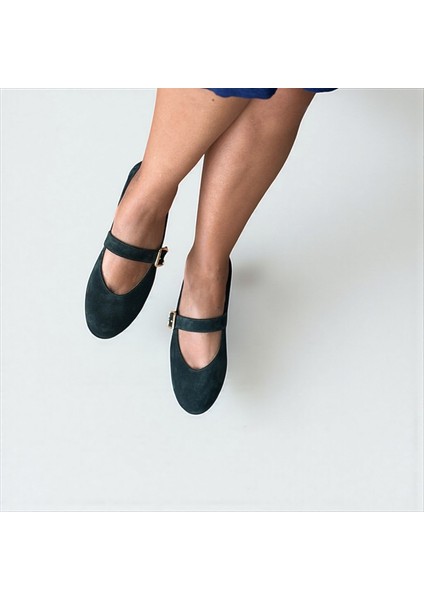 Koyu Yeşil Süet Hakiki Deri Yuvarlak Burunlu Tokalı Kadın Babet