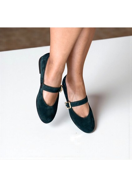 Koyu Yeşil Süet Hakiki Deri Yuvarlak Burunlu Tokalı Kadın Babet modelleri