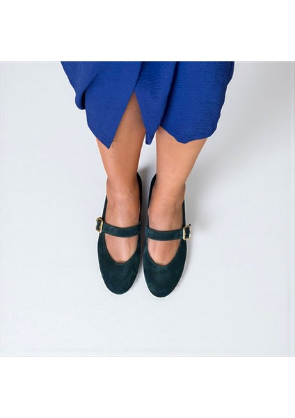 Koyu Yeşil Süet Hakiki Deri Yuvarlak Burunlu Tokalı Kadın Babet fırsatları