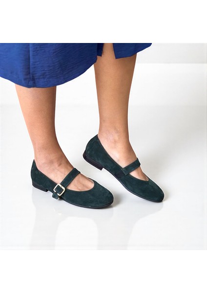 Koyu Yeşil Süet Hakiki Deri Yuvarlak Burunlu Tokalı Kadın Babet indirimleri