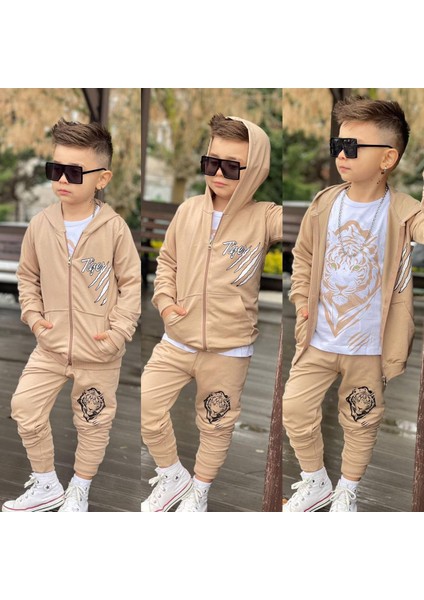 Erkek Çocuk Aslan Baskılı 3'lü Eşofman Takım 2 Iplik Full Likra