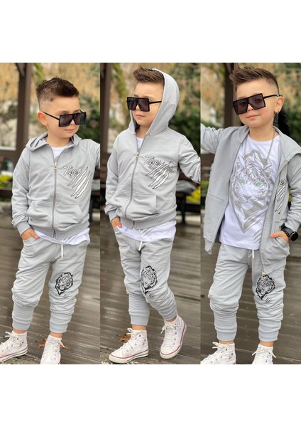 Erkek Çocuk Aslan Baskılı 3'lü Eşofman Takım 2 Iplik Full Likra