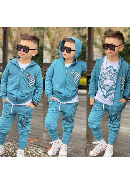 Erkek Çocuk Aslan Baskılı 3'lü Eşofman Takım 2 Iplik Full Likra