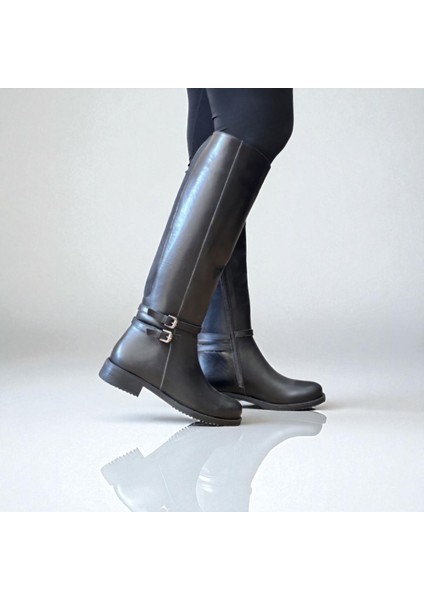 Siyah Hakiki Deri Arkadan Lastikli Içten Fermuarlı Kadın Diz Altı Binici Çizme