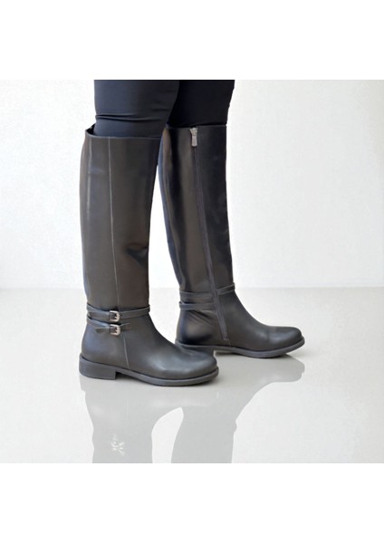 Siyah Hakiki Deri Arkadan Lastikli Içten Fermuarlı Kadın Diz Altı Binici Çizme fiyatları