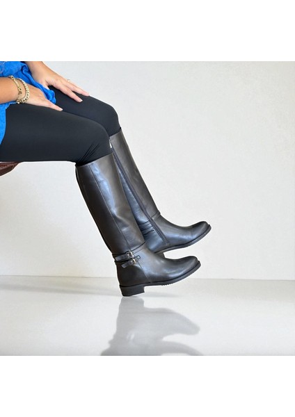 Siyah Hakiki Deri Arkadan Lastikli Içten Fermuarlı Kadın Diz Altı Binici Çizme fırsatları