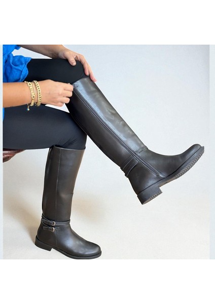Siyah Hakiki Deri Arkadan Lastikli Içten Fermuarlı Kadın Diz Altı Binici Çizme indirimleri