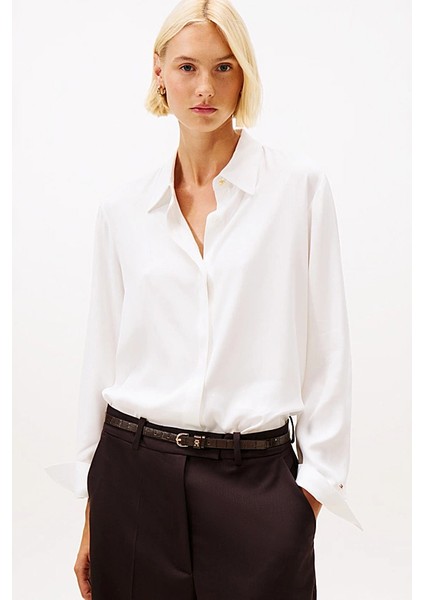 Kadın Regular Fit Gizli Patlı Viskon Gömlek - Ekru