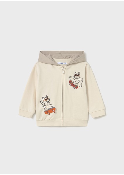 1-4 Yaş Erkek Bebek Hayvan Baskılı Kapüşonlu Krem Hırka