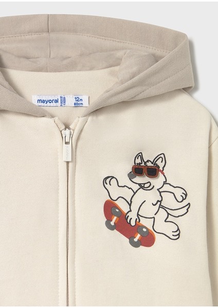1-4 Yaş Erkek Bebek Hayvan Baskılı Kapüşonlu Krem Hırka modelleri