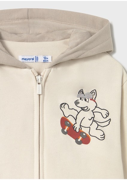 1-4 Yaş Erkek Bebek Hayvan Baskılı Kapüşonlu Krem Hırka fırsatları